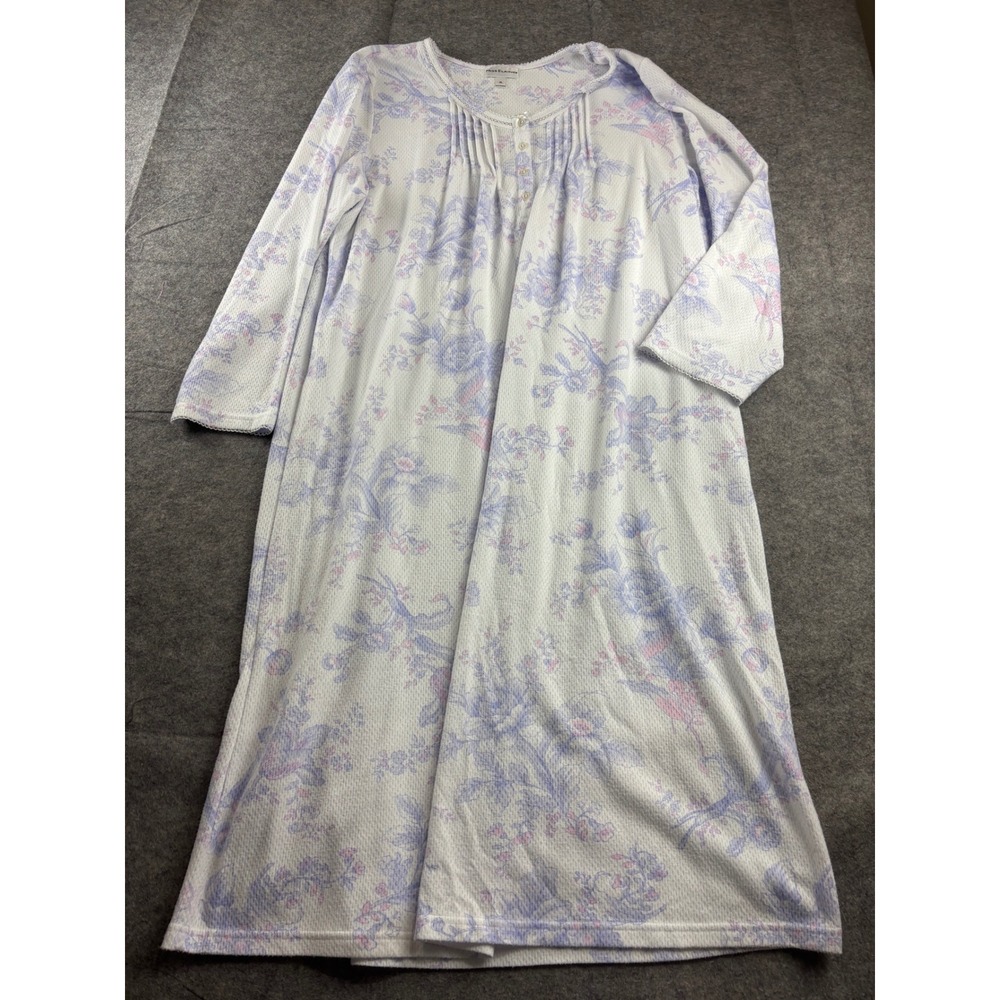 Miss Elaine Floral Waffle Knit Nightgown XL Lavender Pink Pintuck Long Sleeve